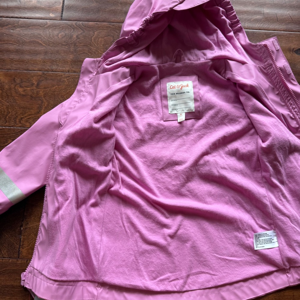Cat & Jack Girls Pink Hooded Rain Jacket Water Resistant Reflective 5T NEW - Picture 9 of 10